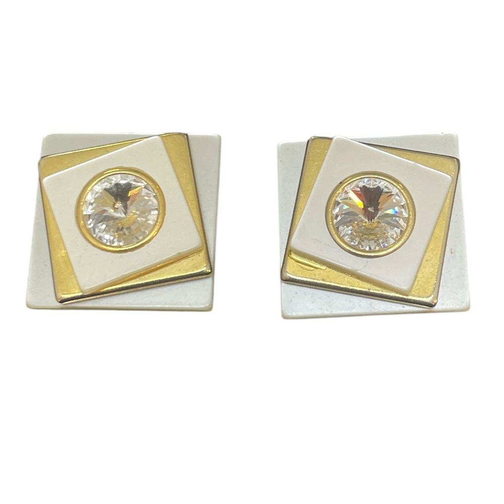 Vintage Statement Earrings Gold, Rhinestone, Pearlescent Square Clip Earrings